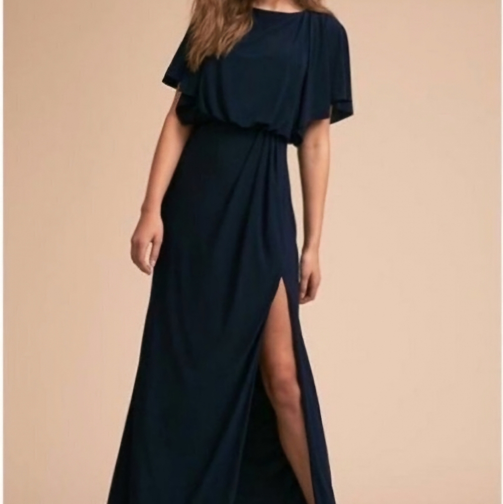 BHLDN Lena Jersey Flutter Sleeve Maxi Dress Navy